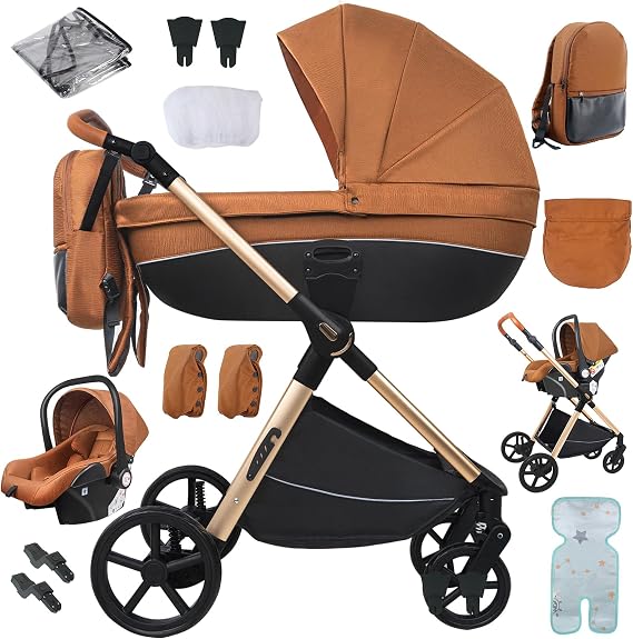 Nine point nine 3 in 1 Pushchair Pram Travel System, 3 in 1 Baby Stroller with One-Click Folding, Toddler Buggy Reversible Two Pushing Modes, Newborn Infant Carriage Aluminum Frame (V7 Caramel)