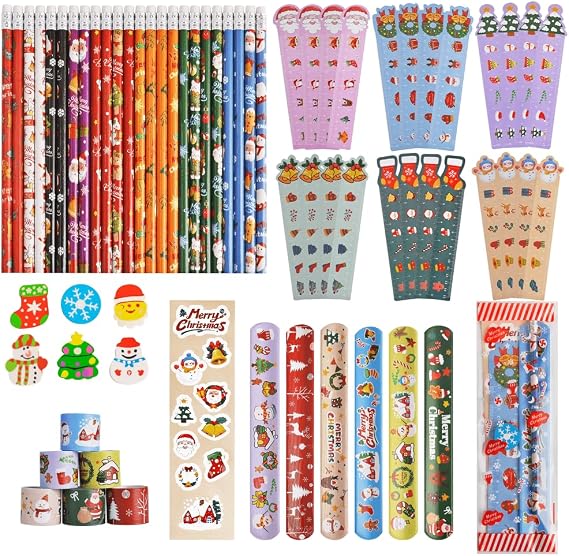 Christmas Party Favors 24 Pack Stationery Set Bulk Goodie Bag Suffers Class Gifts Classroom School Holiday Treat for Students Stockings Pencils Rulers Erasers Stickers slap bracelets