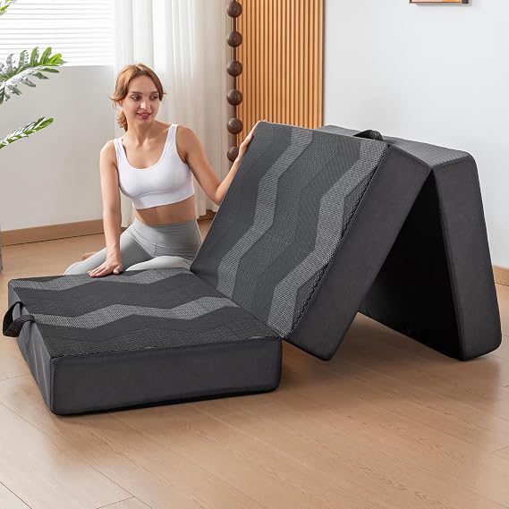 INGEROOM Foldable Mattress Twin - Memory Foam 6 inch Trifold Mattress for Camping, with Portable Handle, Non-Slip Folding Floor Bed Sofa for Guest Travel Yoga, Washable Breathable Cover