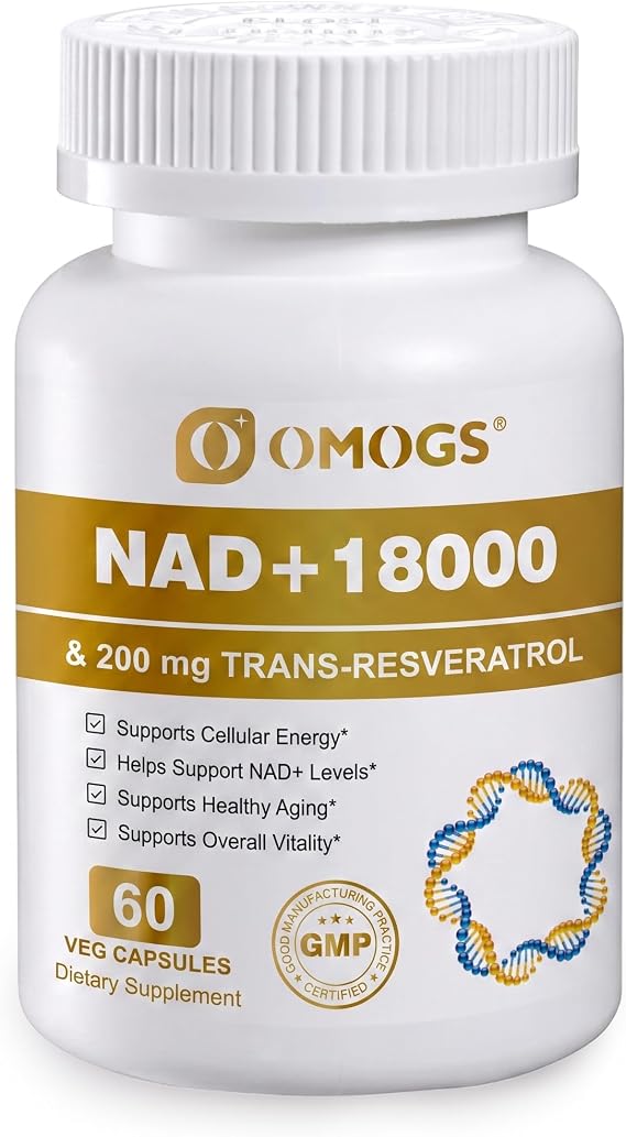 OMOGS NAD+ 300 mg + Trans-Resveratrol 200 mg, Pure NAD Supplement, Max Absorption, Boosting Supplement for DNA Repair, Healthy Aging, Cellular Energy & Longevity, 60 Capsules