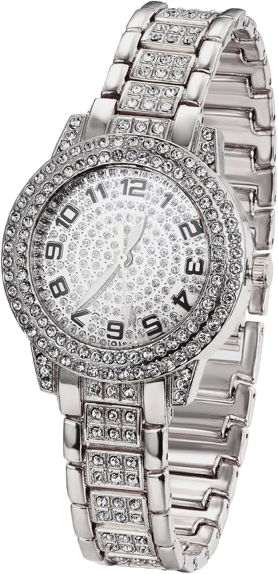 HALUKAKAH Diamonds Watch Iced Out for Boy Teens Kids - 18K Real Gold/Platinum Plated,Arabic Numerals Round Dial,Japanese Quartz - 19.5cm Length - Optional with Cuban Link Chain - for Birthday,Parties