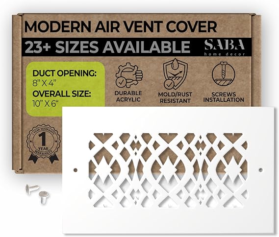 SABA Home Decor Air Vent Cover Grille - Acrylic Fiberglass 4" x 8" Duct Opening (6" x 10" Overall) Decorative Register Covers for Walls and Ceilings, Charlotte (4" x 8" with Screws, White)