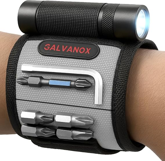 Galvanox Magnetic Wristband with LED Flashlight - Nylon Wrist Magnet for Tools, Screws and Nails with Adjustable Work Light - Great Gift for Men, Father, Handyman (Black)