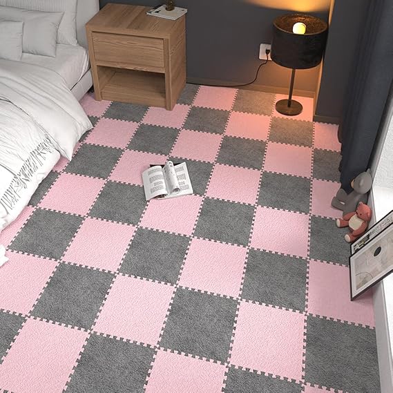 10Pack Plush EVA Foam Floor Mat Square Interlocking Carpet Tiles 12''x12'' Puzzle Play Mat Soft Climbing Area Rugs for Living Room Floor Gym Area (Pink Grey,0.4'' Thick)
