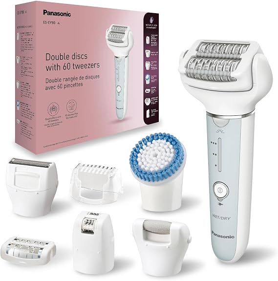 Panasonic ES-EY90-A511 Wet and Dry Epilator, Double Disc with 60 Tweezers, Flexible 90° Pivoting Head, 3 Speed Setting & LED Light, Up to 30 Minutes Operation Time.