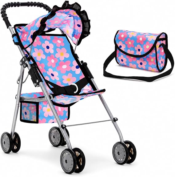 My First Baby Doll Stroller for Kids, Toddler Play Toy Doll Buggy Foldable Carriage for Girls with Canopy Storage Basket Travel Diaper Bag - Blue