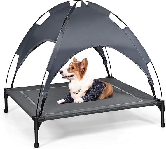 GYMAX Elevated Dog Bed with Removable Canopy, Portable Pet Cot Canopy, Cooling Raised Dogs Cats Bed for Indoor and Outdoor (L)