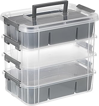 JUXYES 4-Tiers Stack Carry Storage Box With 2 Divided Tray, Transparent Stackable Storage Bin With Handle Lid Latching Storage Container for School & Office Supplies, Gray