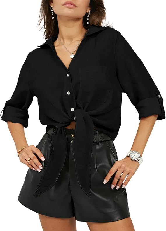 Omoone Women's 3/4 Sleeve Tie Front Knot Shirt Linen Button Down V Neck Oversized Cotton Summer Boho Top Blouse (Black-L)