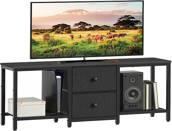 YATINEY TV Stand for TVs up to 55", Entertainment Center with 2 Fabric Drawer, Media Console with Shelves, Television Stands for Living Room, Bedroom, Black DS02BB