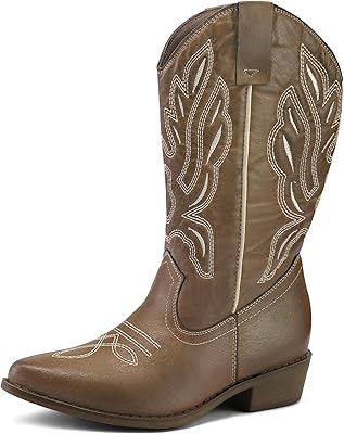 mysoft Womens Wide Calf Cowboy Boots Pull-On Mid-Calf Embroidered Pointed Toe Retro Western Boots