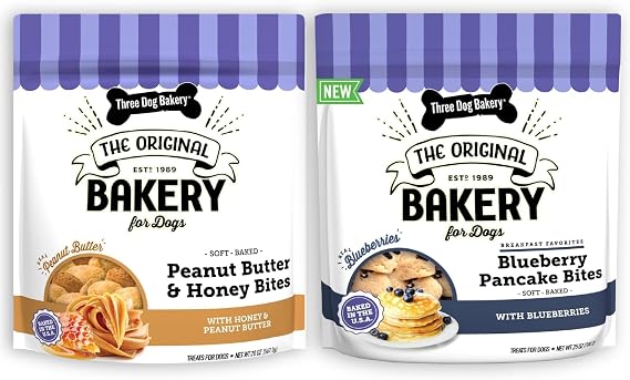 Three Dog Bakery Peanut Butter & Honey Bites & Blueberry Pancake Bites, Premium Dog Training & Puppy Treats