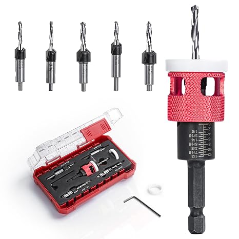 5 Pcs Countersink Drill Bit Set with Low Friction Depth Stop, HSS M2 Bits Tapered Head1/8 9/64" 5/32" Drill+3/8 82 Counter-Bore,11/64" 3/16" Drill+ 1/2" 82 Counter Bore,1/4 Hex Shank(Red)