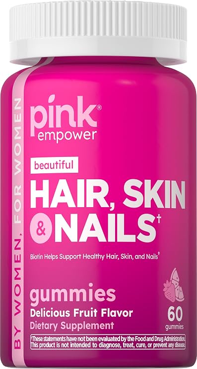 PINK Hair Skin Nails Gummies | Plus 2,500 mcg of Biotin | 60 Count