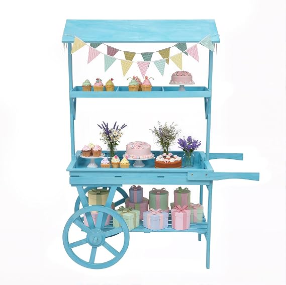 Candy Cart for Parties, Flower Cart Stand with Wheels, Large Country Market Wooden Rolling Table Carts,Easy to Assemble, Rolling Cart for Party, Birthdays, Weddings (Blue)