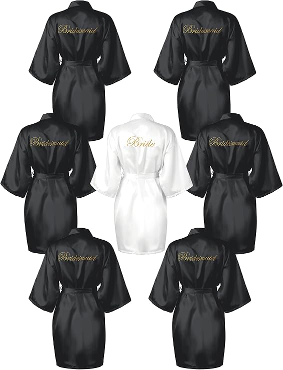 Geyoga 7 Pcs Bridesmaids Satin Robes Silky Bride Kimono Bathrobe Sleepwear for Wedding(White, Black,L)