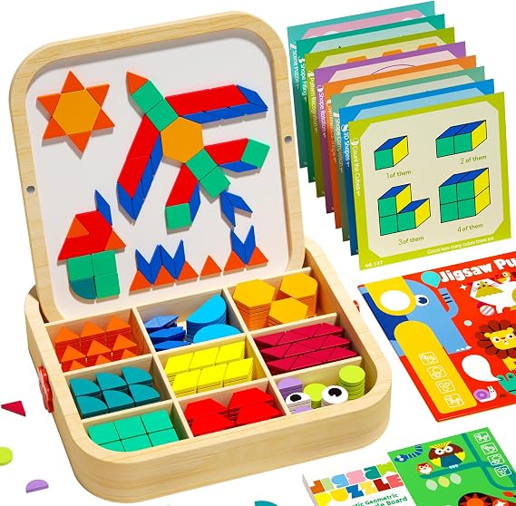 Wooden Magnetic Pattern Blocks Set with Cards, 288 PCS Montessori Tangram Puzzle Learning Toys for Toddlers 4-8, Educational STEM Gift for Kids Boys Girls 4 5 6 7 8