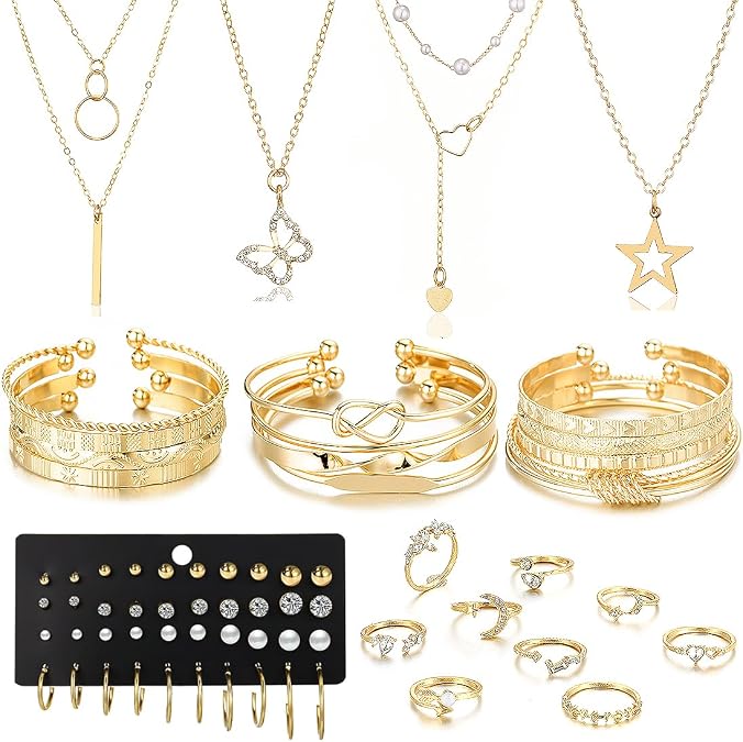 46Pcs Gold Jewelry Set for Women with 5 Necklace, 12 Bracelet, 5 Hoop Earrings, 15 Stud Earrings and 9 Rings Jewelry Set For Gifts for Women.