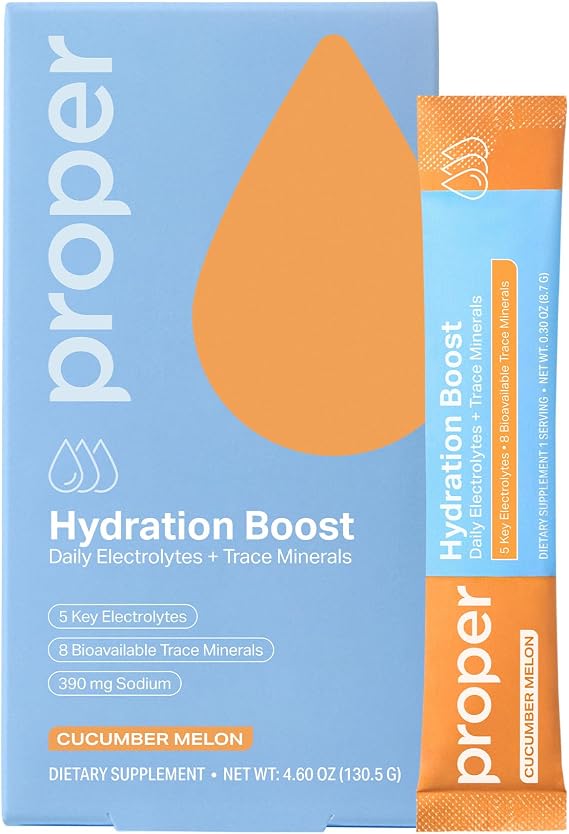 Proper Hydration Sticks Electrolyte Powder Drink Mix Packets with Trace Minerals for Rapid Hydration Naturally Flavored No Artificial Sweeteners Cucumber Melon 15 Servings