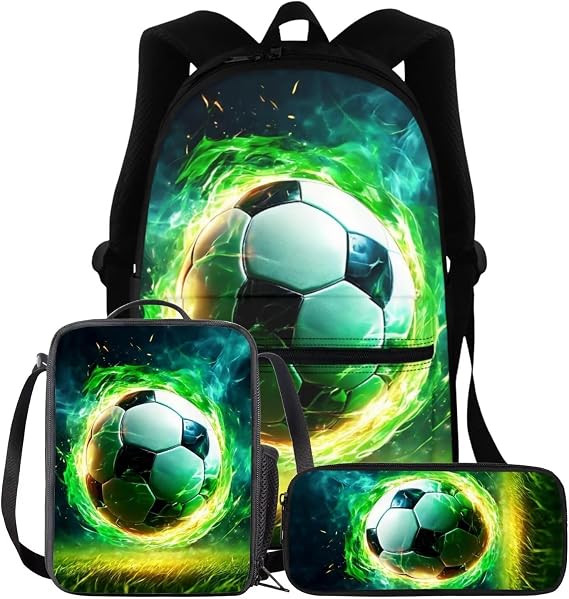 BIGCARJOB Football Backpack with Lunch Box for Boys Kids School Bags Set 3 In 1 Soccer Print Book Bags Large Capacity Rucksack Teens Adult Bagpack