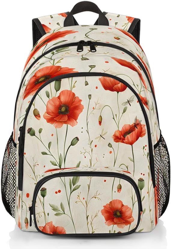 Red Poppy Laptop Backpack for Women Men, 18.3 Inch Travel Work Backpacks, Floral Waterproof Computer Casual Daypack Nurse Teacher Bags