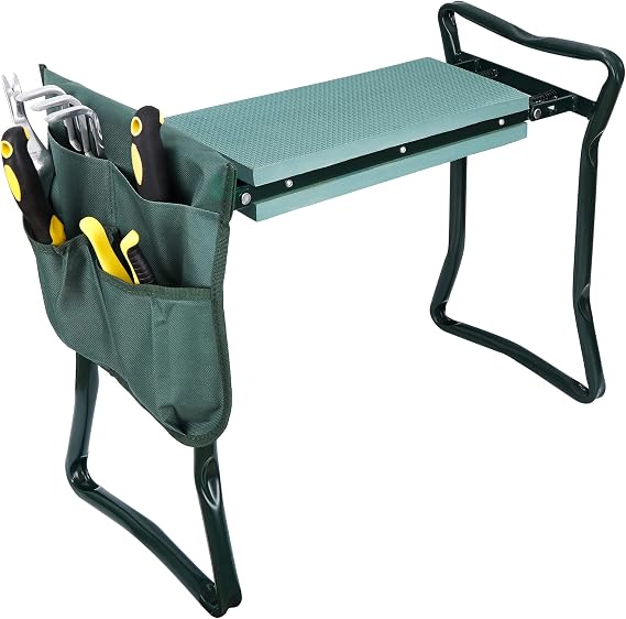 Folding Garden Kneeler Bench, Heavy Duty Garden Stool Kneeling Pad, Bench Seat for Kneeling to Prevent Knee Pain, Lightweight Portable Gardening Supplies with Extra Tool Pouches, EVA Foam Pad