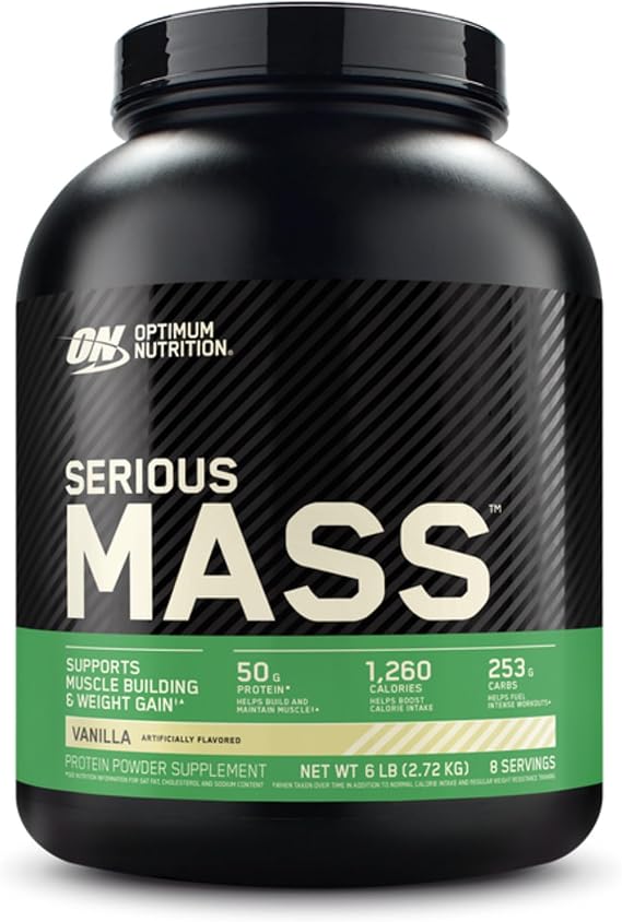 Optimum Nutrition Serious Mass, Weight Gainer Protein Powder, Mass Gainer, Vitamin C and Zinc for Immune Support, Creatine, Vanilla, 6 Pound Packaging May Vary