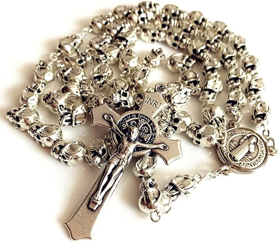 elegantmedical Handmade Catholic Saint St.Benedict Rosary Crucifix Cross Silver skull beads Catholic necklace Gift Box