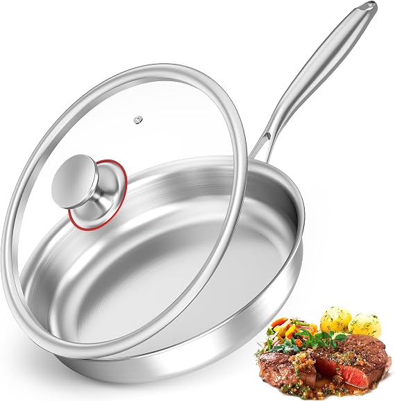 Stainless Steel Frying Pan, 30cm Saute Pan with lid, Premium 3-Ply Stainless Steel, Coating-Free and PFOA-Free, Suitable for All Stovetops, Dishwasher and Oven