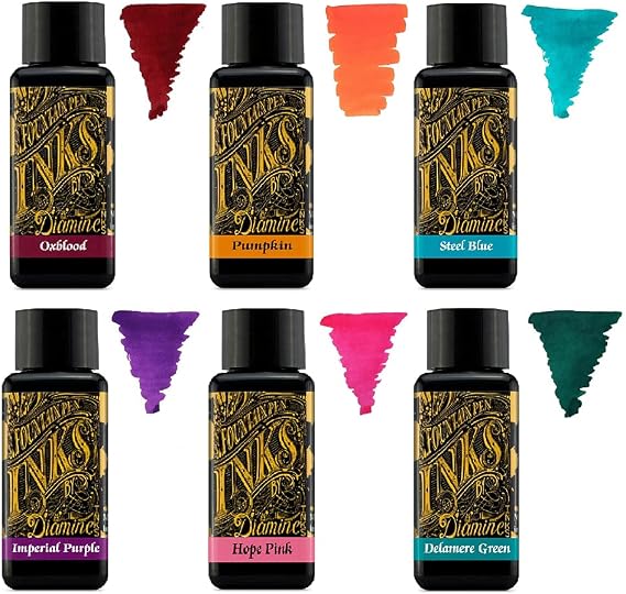 Diamine - 30ml Fountain Pen Ink - Colour Wheel - 6 x Bottles - Oxblood, Pumpkin, Steel Blue, Imperial Purple, Hope Pink, Delamere Green