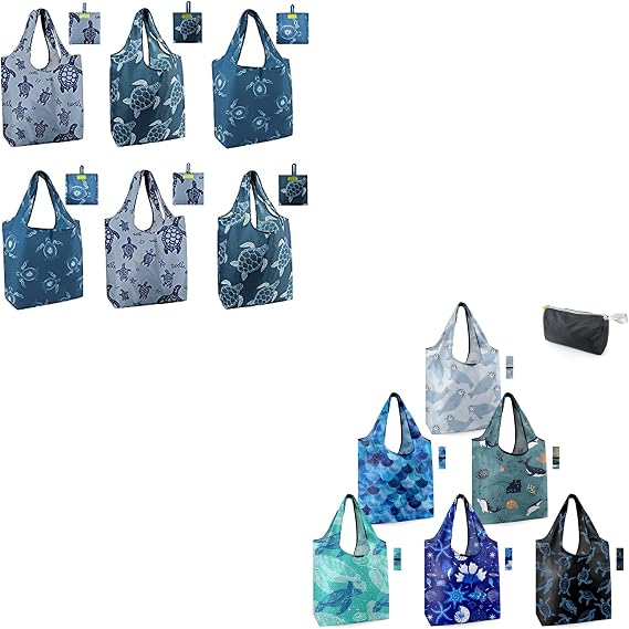 BeeGreen Christmas Gifts Turtle Gifts for Women Foldable Reusable Grocery Bags Shopping Bags for Groceries,Ocean Animals Reusable Grocery Bags Bulk 6 Pack 50LBS X-Large Shells Seal Mermaid Scale Whal