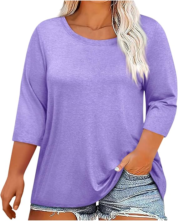 Womens Summer Shirts 2025 Casual 3/4 Sleeve Plus Size Crewneck Tops Oversized Basic Tunic Blouse Trendy Loose Clothes