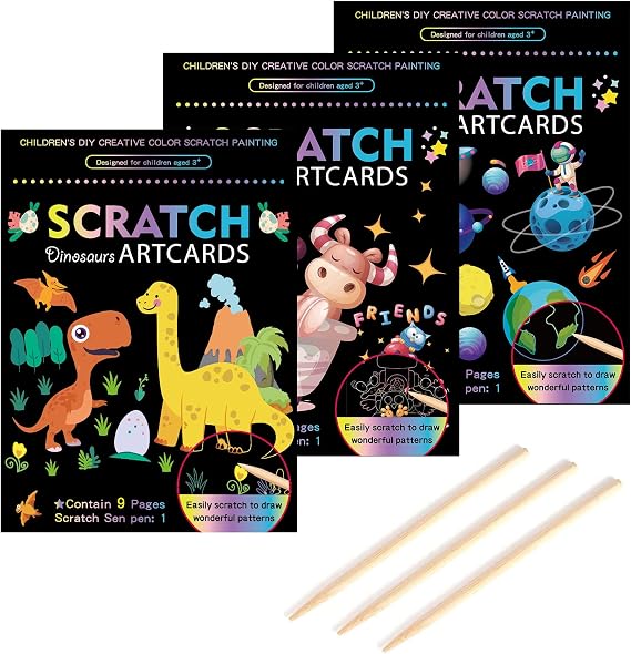 KSIWRE 3 Set Scratch Paper Art for Kids, Magic Rainbow Scratch Art with 3 Scratch Pen, Colorful Painting Book Gifts for Kids Boys Girls