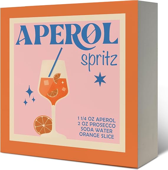 Aperol Spritz Cocktail Wooden Box Signs, Aperol Spritz Gifts, Cocktail Lovers Gifts, Bar Cat Decor,Trendy Pink and Orange Bar Wooden Signs for Home Kitchen Desk Shelf Table Decor,5x5 Inch