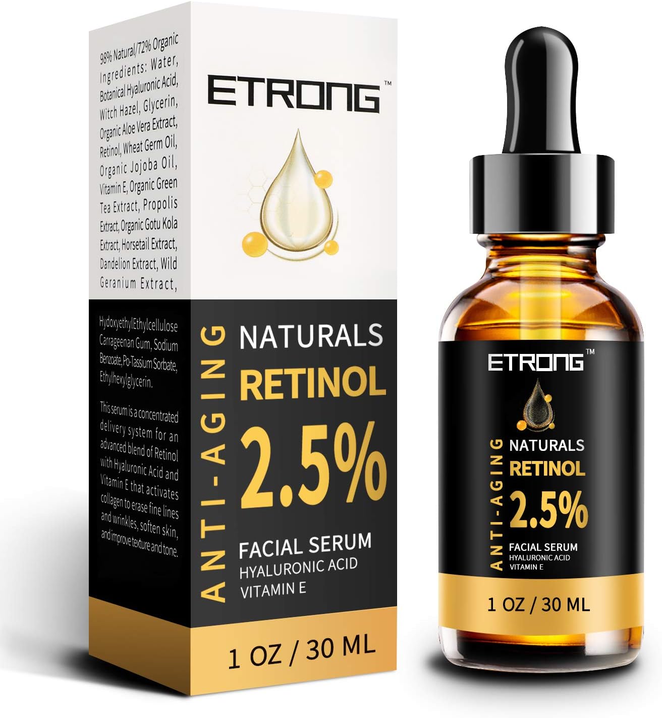 Retinol Serum,ETRONG High Strength Anti-aging Serum with 2.5% Retinol,Hyaluronic Acid and Vitamin E for Face Acne (30ml)