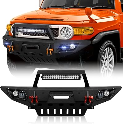 SUORTO Front Step Bumper Compatible with 2007-2014 Toyota FJ Cruiser 1st Gen Built-in LED Lights, Winch Plate, Skid Plate, License Plate Bracket, Sensor Holes & D-rings, Black