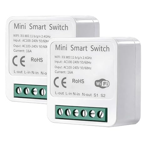 2pcs Smart Light Switch Module 2 Way WiFi Switch Compatible with Alexa Echo Google Home Smart Life Tuya Smart Switch Mini DIY WLAN Switch Fits Behind Wall Switch Neutral Conductor Required