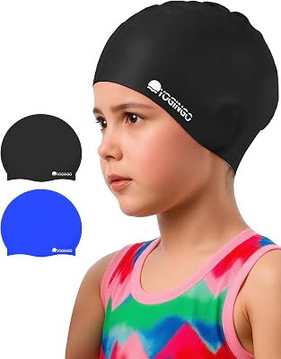 2 Pack Swim Cap Kids - Swimming Cap for Long&Short Hair - Silicone Swim Caps for Girls&Boys, Swim Cap for Kids 3-15, Keep Hair Dry
