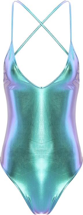 Freebily Women's Shiny Metallic Backless Thong Leotard Bodysuit Spaghetti Strap Swimsuit