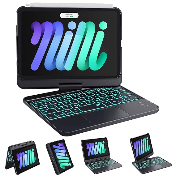 GreenLaw Keyboard Case for iPad mini 7/6 8.3-inch, Trackpad, 360 Rotating | 360 Rotate Keyboard Case, Built-In Touchpad, 7 Color Backlit, Type-C Rechargeable, Black