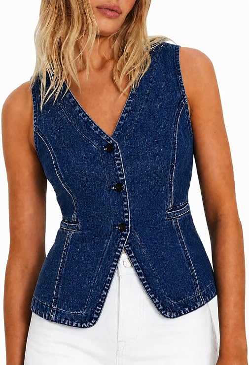 Kedera Womens Button Down Denim Vest Tops Sleeveless Fitted Jean Shirt