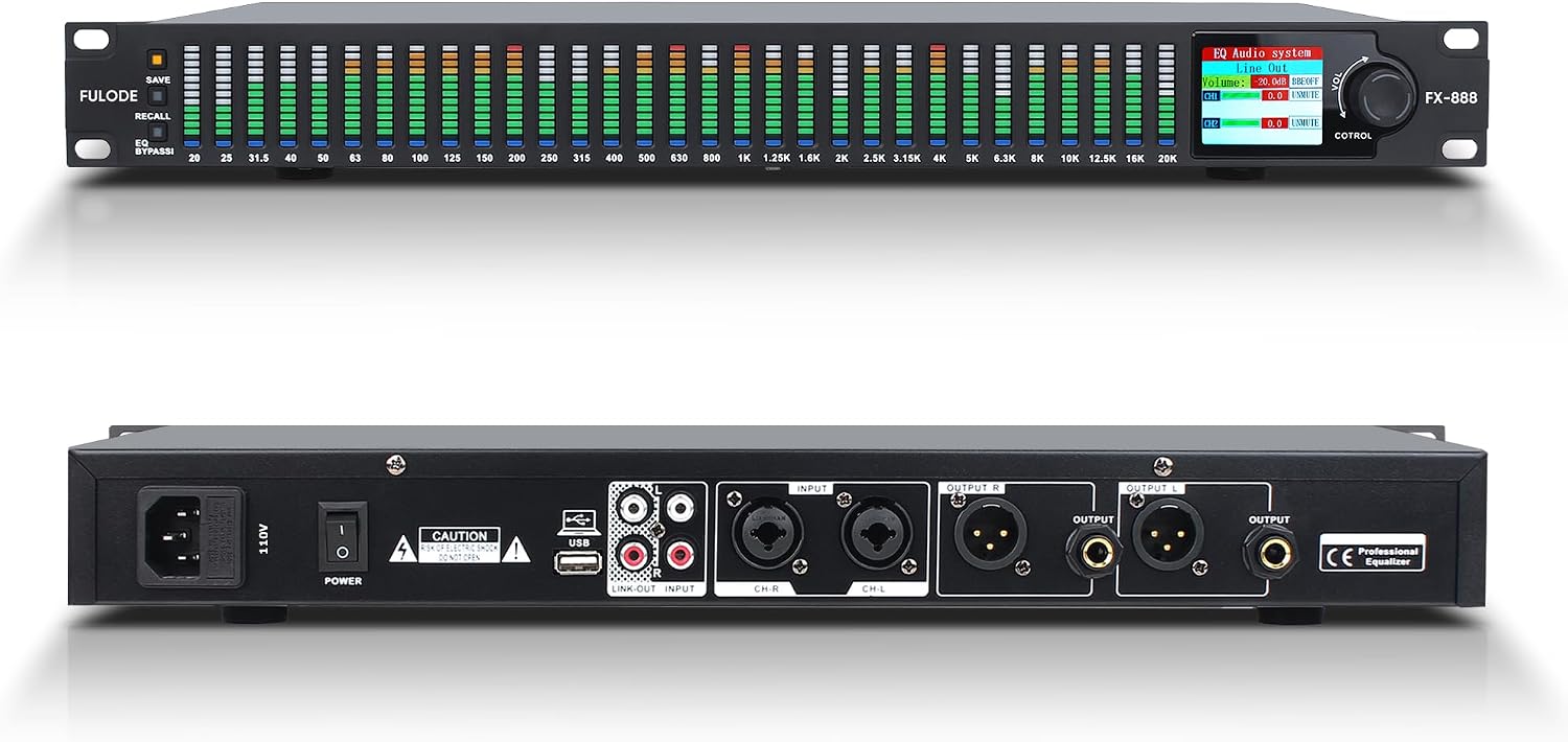 FX-888 Dual channel synchronized control 31-Band Digital equalizer Stereo Graphic EQ Noise Reduction Each segment with LED Spectrum Display Operation Content display large screen