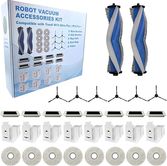 Replacement Accessories Parts Kit Compatible with Yeedi M12 Ultra Plus M12 Pro Plus + Includes 8 Dust Bags, 8 Mop Pads, 8 Filters, 6 Side Brushes, 2 Main Brushes