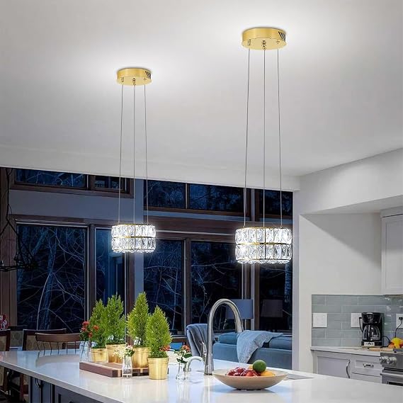 Led 11.8" Gold Ring Crystal Chandelier, Modern Dimmable Chandeliers Lighting and Hanging Adjustable, LED Round Ceiling Light Fixtures for Dining Room Living Room