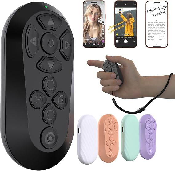Wireless Remote Controller Compatible with iOS/Android Bluetooth Remote Control for TikTok Scrolling Ideal for Camera/Video Recording/Kindle App (Black)