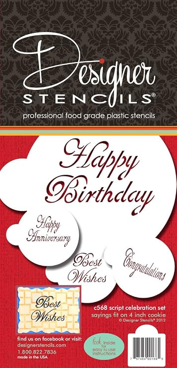Designer Stencils Script Celebration Cake Stencils Set, Beige/Semi-Transparent