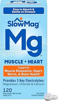 SlowMag Muscle & Heart Magnesium Chloride Supplement with Calcium, 120 Count, Supports Muscle Relaxation, Heart, Nerve & Bone Health, High Absorption