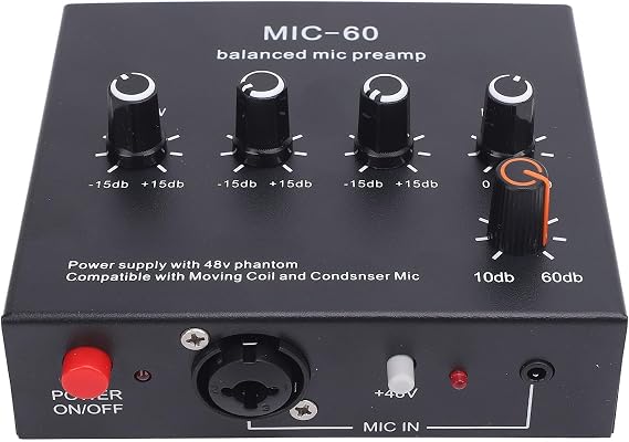Microphone Preamp, Mic Gain Booster with 10-60dB Gain & 3-Channel Mixing, Balanced XLR/6.35mm/3.5mm Inputs for SM7B/ Mics,48V Power, Ultra-Low Noise Design for Podcast/Recording