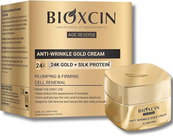 Bioxcin Age Reverse Anti-Wrinkle Gold Cream 50 ml – 24K Gold, Silk Protein, Panthenol and Olive Oil Contains – Skin Firming and Moisturizing