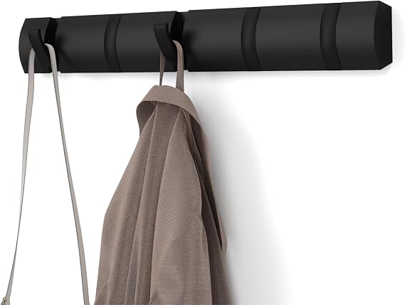 Umbra Flip Coat Rack, Wall Mounted 5-Hook Space Saving, Black/Black